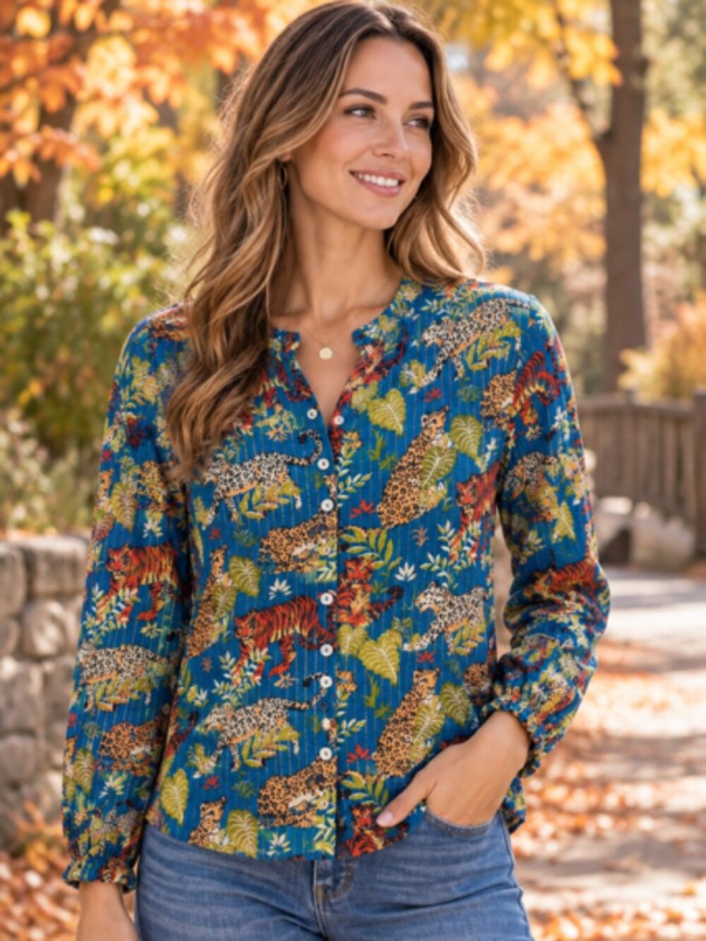Printfresh Tiger Leopard Jungle Print Shirt Blue Gold Metallic Size Small